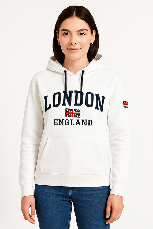 London England Embroidery Hoody Unisex Cream - London England Embroidery Hoody Unisex Cream