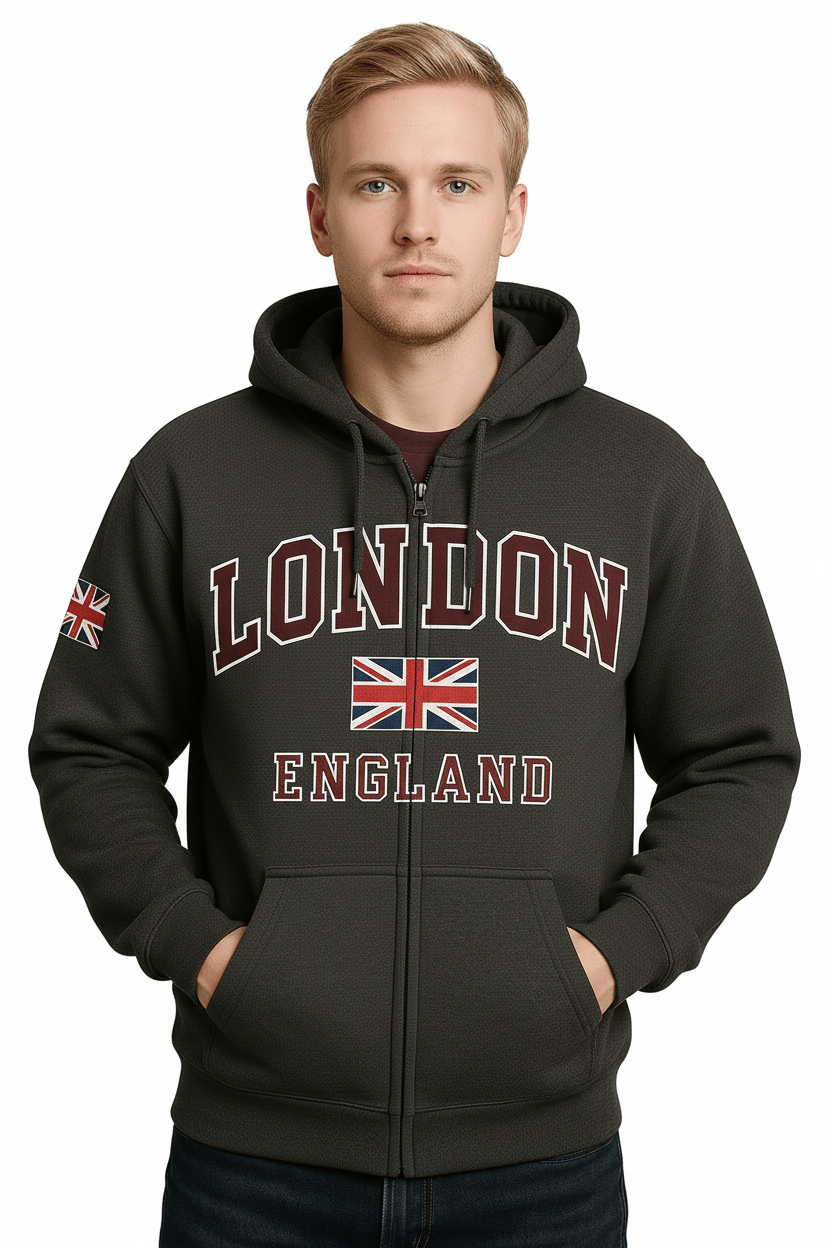 London England Embroidery Unisex Zipper Hoody Charcoal/Wine - London England Embroidery Unisex Zipper Hoody Charcoal/Wine